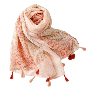 Ethnic style cotton-linen scarf in orange with wheat ear print and tassel borders