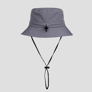 Detail of grey nylon sun hat showing adjustable windproof strap and head size buckle