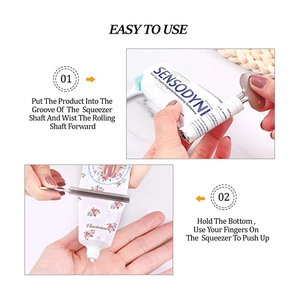 Guide showing two easy steps to use the metal toothpaste squeezer tool on a marble surface