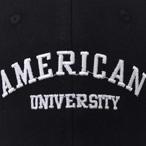 Classic black cotton baseball cap with white American University varsity embroidery