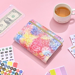 Detail of A6 PU leather budget binder featuring colorful mandala pattern and elastic strap