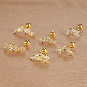 Set of six gold leaf and star shaped stainless steel cartilage studs with cubic zirconia