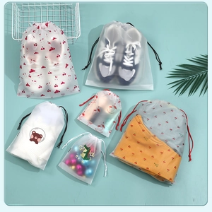 Frosted drawstring bags with cartoon prints for travel clothes and shoe storage