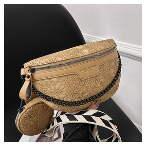 Beige lace leather chest bag with wide geometric strap and round coin purse detail