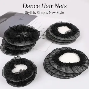 Detail of black dance hair net featuring fine mesh and elegant ruffled lace edges