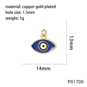 Blue Evil Eye charm in copper gold plating with 14x13mm dimensions and micro zircons