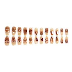 24pcs long coffin press on nails featuring coffee gradient and heart patterns