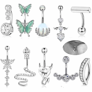 Stainless Steel Belly Button Ring Set For Women Rose Gold Rhinestone Inlaid Butterfly Snake Heart Body Piercing Jewelry