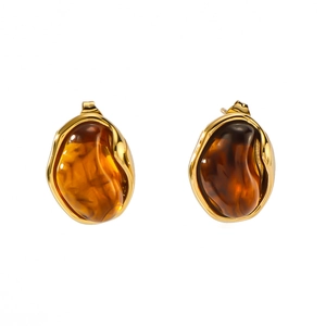 Pair of circular 18K gold stainless steel earrings with amber resin inlays on white backdrop