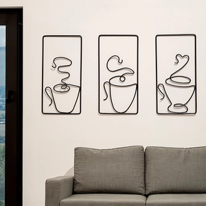 Modern black metal wall art set of 3 featuring minimalist coffee cup line art for living room
