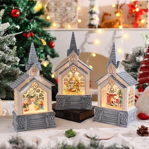 Christmas Church Lantern Music Box Ornament With LED Light And Glitter Snow Resin Festive Home Desktop Decoration Vintage
