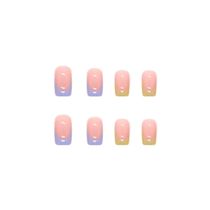 Pink press-on nails with colorful French tips in lavender and light brown matte finish