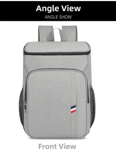 Vue avant du sac à dos isotherme gris avec poches latérales en filet et tissu durable