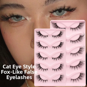 Detail of 5 pairs cat-eye false eyelashes with black band and wispy winged outer corner