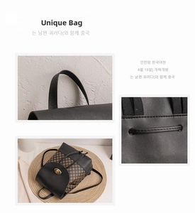 Detail view of women's leather backpack with metal twist lock and anti-theft back pocket