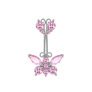 Detail of silver belly button ring with pink zircon butterfly pendant and marquise stones