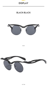 Front and side view of black wavy frame sunglasses with dark lenses on white background