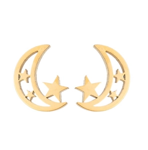 Detail shot of golden crescent moon and star stud earrings with hollow design