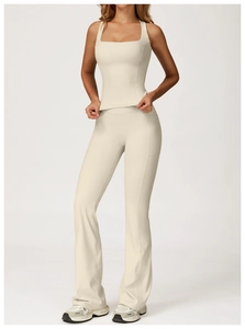 Detailed view of cream yoga set featuring a square neck tank top and flared leggings