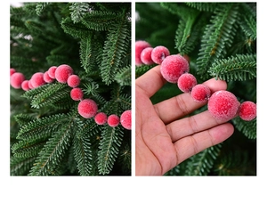 Macro detail of red Christmas berries with frosted snow texture for tree decoration