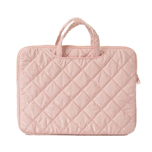 Pink quilted laptop sleeve with diamond patterns and dual handles for tablet protection