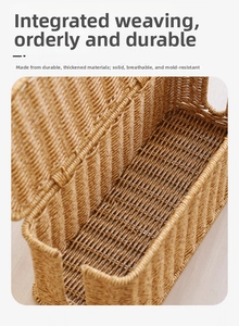 Detail showing hand-woven rattan style storage box with lid and side slot for cable management