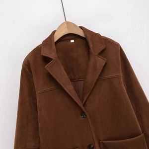 Classic brown faux suede long sleeve blazer for women with single-breasted button closure