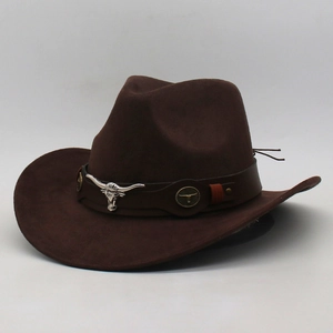 Dark brown felt western cowboy hat with silver bull head leather band and curved brim