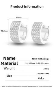 Detailed size chart for S925 silver hoop earrings with three-row cubic zirconia inlay