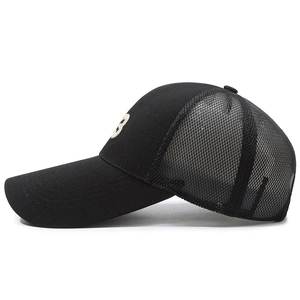 Men's black mesh trucker hat with breathable fabric and B letter embroidery on side