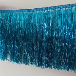 Detailed view of 20cm metallic blue tinsel fringe trim for stage costumes and decor