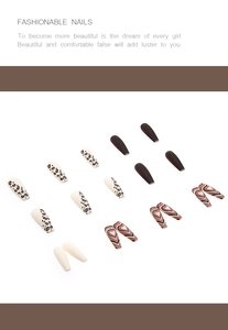 Long coffin press-on nails with brown leopard print and heart designs on white background