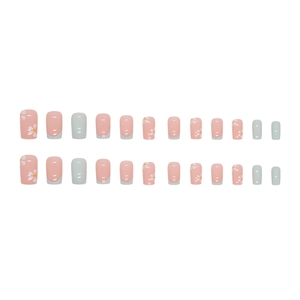 Press-on nails in light green and blue with daisy patterns and French design