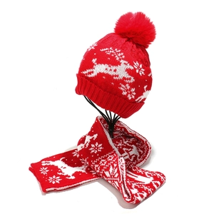 Détail de l'ensemble bonnet et écharpe de Noël rouge avec motifs rennes et flocons de neige