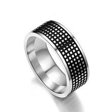 Detail view showing industrial black grid pattern on polished stainless steel ring