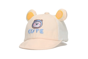 Close-up of baby baseball cap featuring blue bear embroidery and 3D ears on a mesh crown
