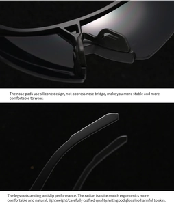 Detail of soft silicone nose pads and anti-slip temples on black pilot sunglasses