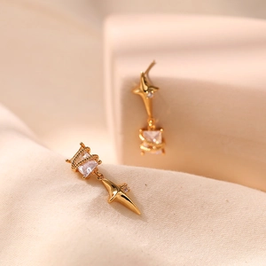 Star-shaped 18K gold plated earrings with a square zircon gemstone drop detail