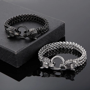 Men's punk wolf head bracelets in matte black and vintage silver stainless steel