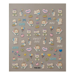 3D embossed cute white puppy nail stickers with sweet cake and heart patterns
