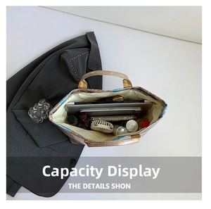 Interior view showing the large capacity of the newspaper print tote bag for daily essentials