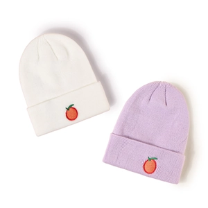 Bonnets en tricot pour bébé automne hiver avec broderie orange en beige et violet