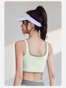 Detailed back view of two-tone green sports bra with double shoulder straps and high-stretch fabric
