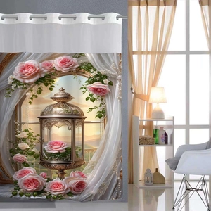 Detail view of pink rose and gold lantern 3D print on waterproof polyester shower curtain