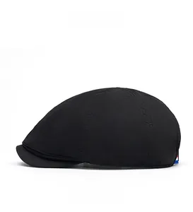 Side view of thin quick-dry black flat cap with red white and blue stripe detail