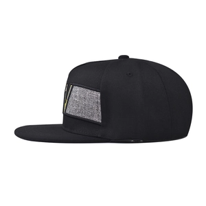 Black flat brim snapback hat with grey patch and yellow V embroidery on front view
