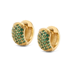Detailed macro view of gold huggie hoop earrings featuring green pave zircon stones