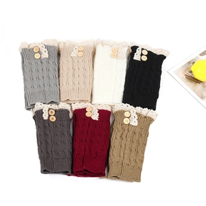 Colorful knit leg warmers with lace trim and wooden buttons in seven stylish shades