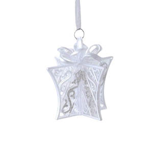 White 3D star acrylic Christmas ornament with glitter finish and ribbon hanger