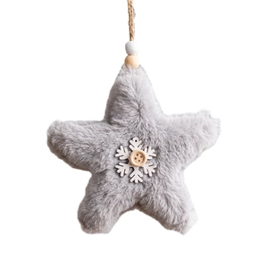 Gray faux fur Christmas star ornament with wood button and hemp rope for tree decor